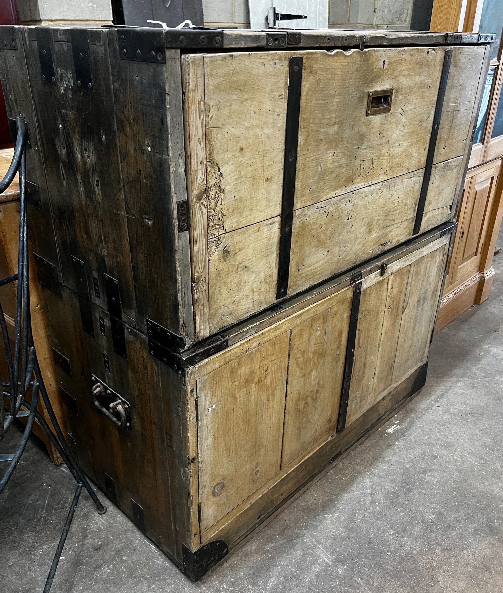 A 19th century iron bound pine two part campaign chest, width 106cm depth 54cm height 113cm